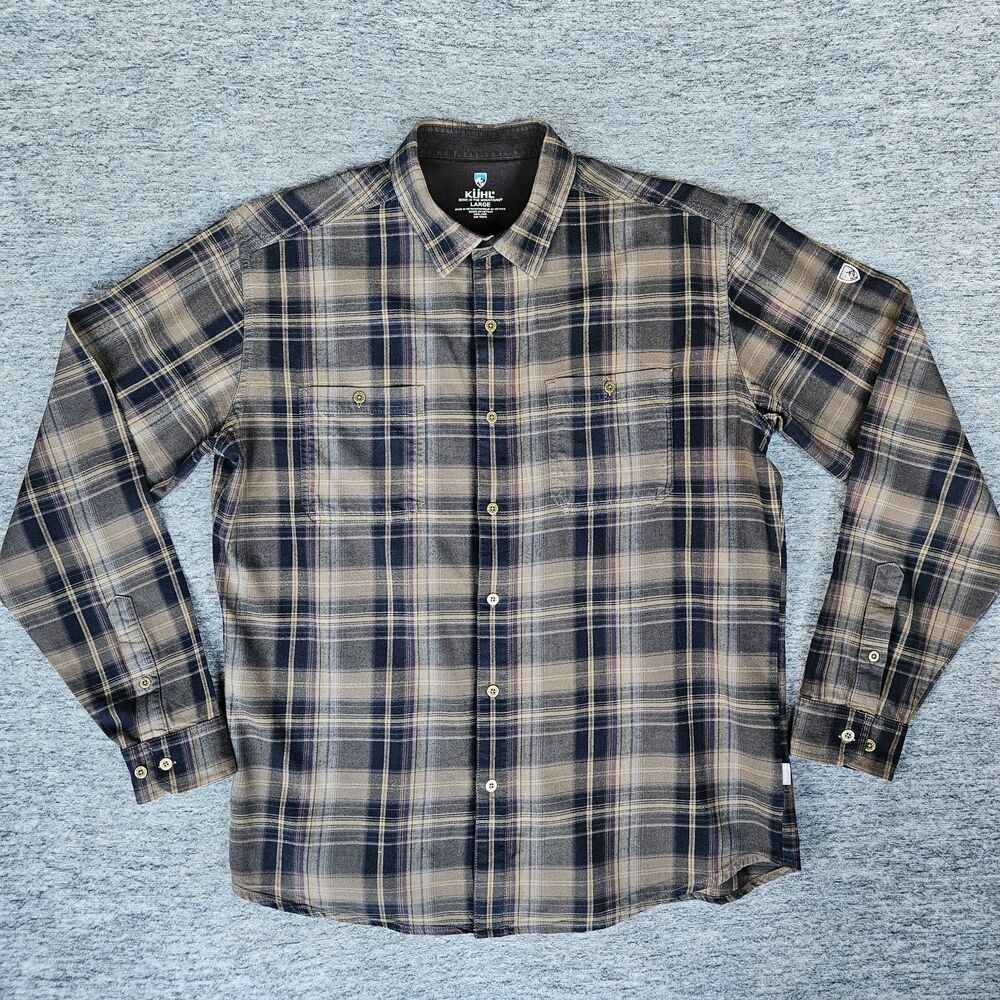 Kuhl Fugitive Flannel Shirt Men's L Brown Black Plaid Long Sleeve Button Up 7202